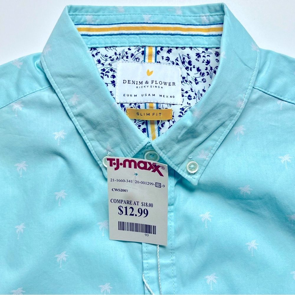 🆕 Denim Flower Palm Tree Short Sleeve Button Down - Med - Picture 2 of 4